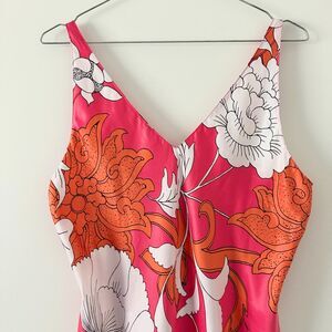 Natori Pink Orange Floral V Neck Silk Like Slip Gown Midi Dress Women's Small S